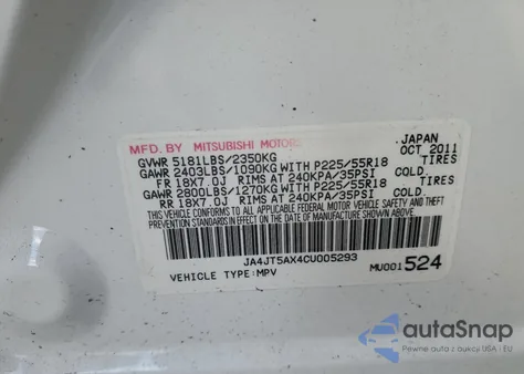 2012 Mitsubishi Outlander Gt из США, поврежденный, VIN JA4JT5AX4CU005293
